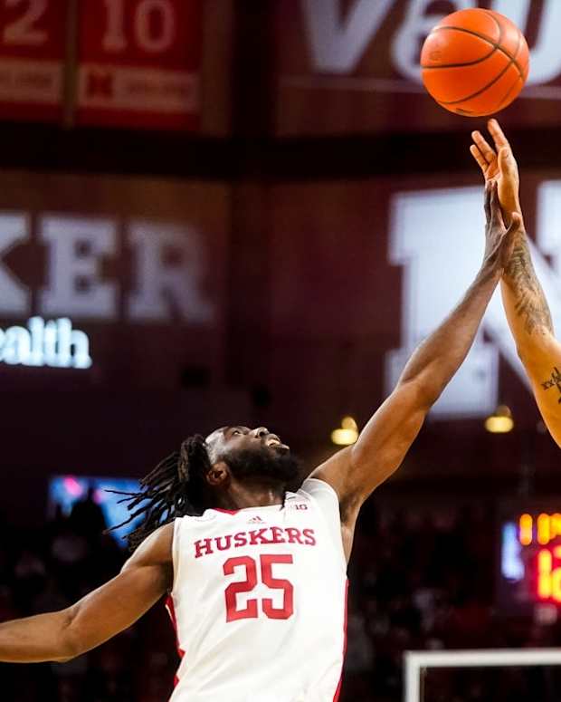 Nov 10, 2022; Lincoln, Nebraska, USA; Nebraska-Omaha Mavericks guard Jaeden Marshall (2) shoots the ball against Nebraska Cornhuskers guard Emmanuel Bandoumel (25) during the second half at Pinnacle Bank Arena. Mandatory Credit: Dylan Widger-USA TODAY Sports